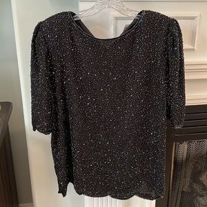 Vintage silk black beaded short sleeve scalloped hem top size XL